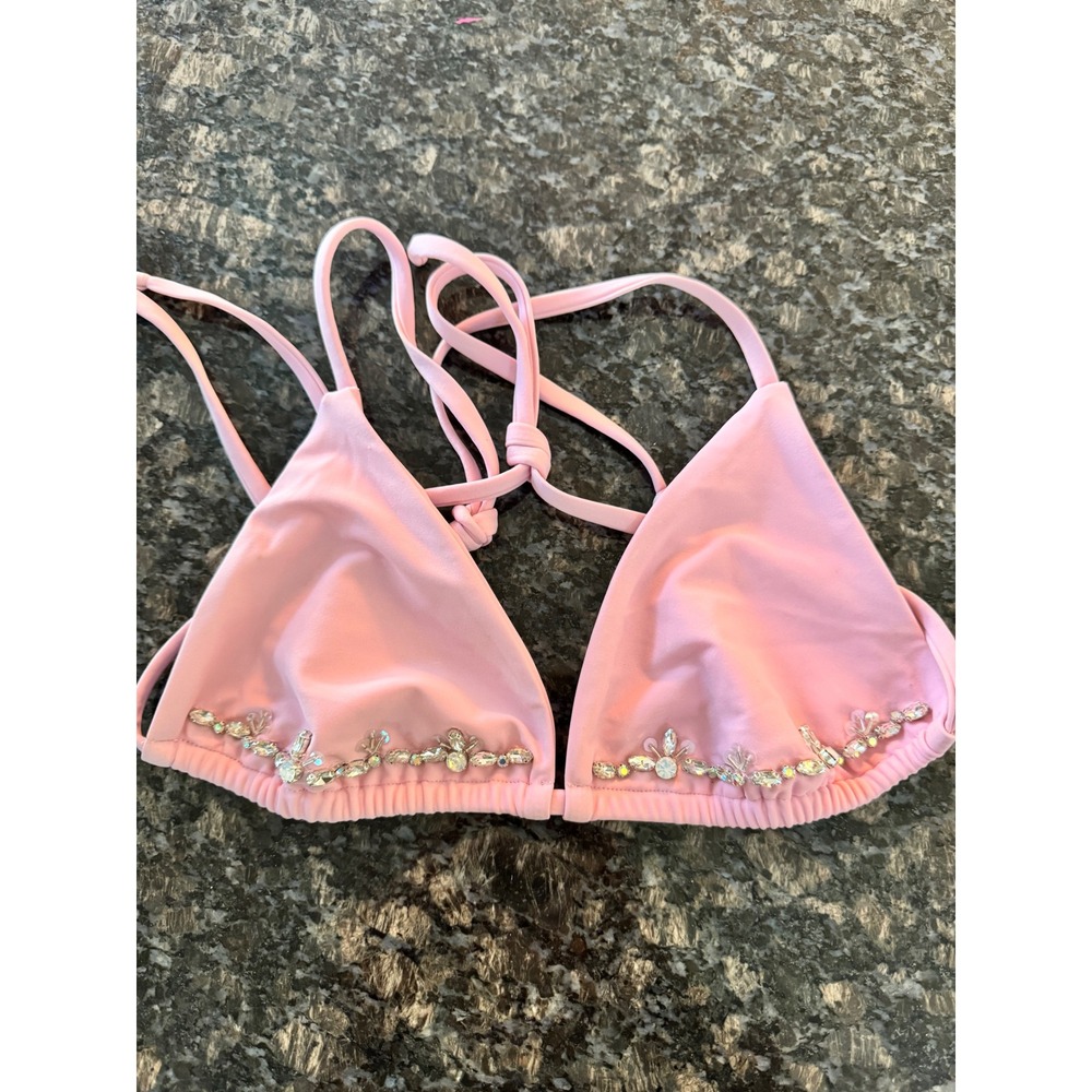 Oceanus The Label Pink Embellished Crystal Triangle Bikini Top Small Rhinestone